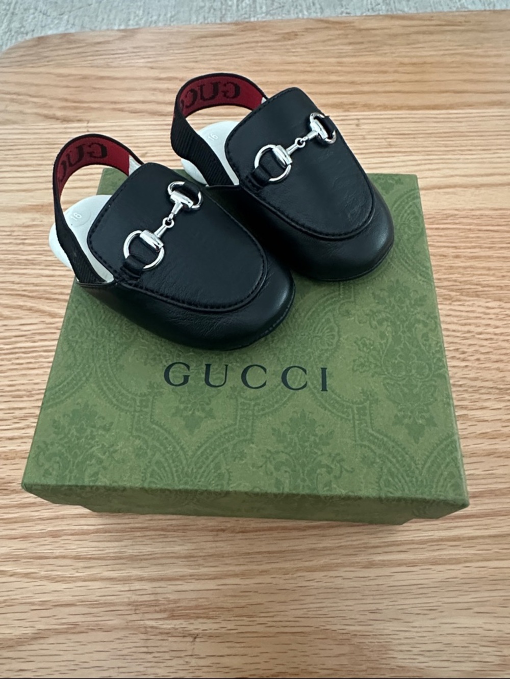 Gucci Black Leather Baby Loafers with Red Back Strap